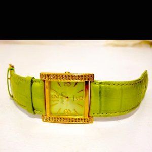 Joan Rivers Vintage Green Leather Crystal Accented Watch